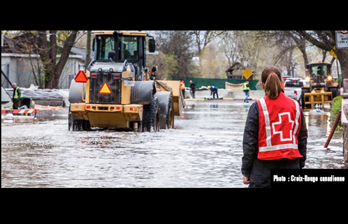 Femme vue de dos, portant le dossard de la Croix-Rouge et regardant un bulldozer dans une rue inondée. 
