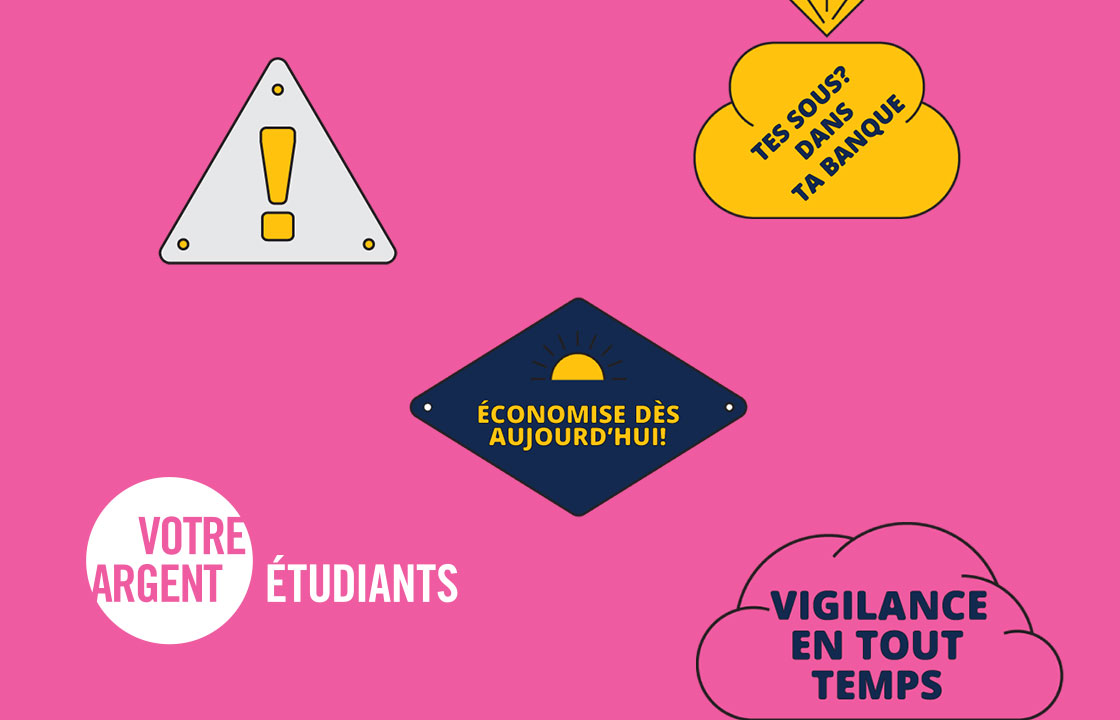 pink background with white votre argent etudiants logo and bright stickers 