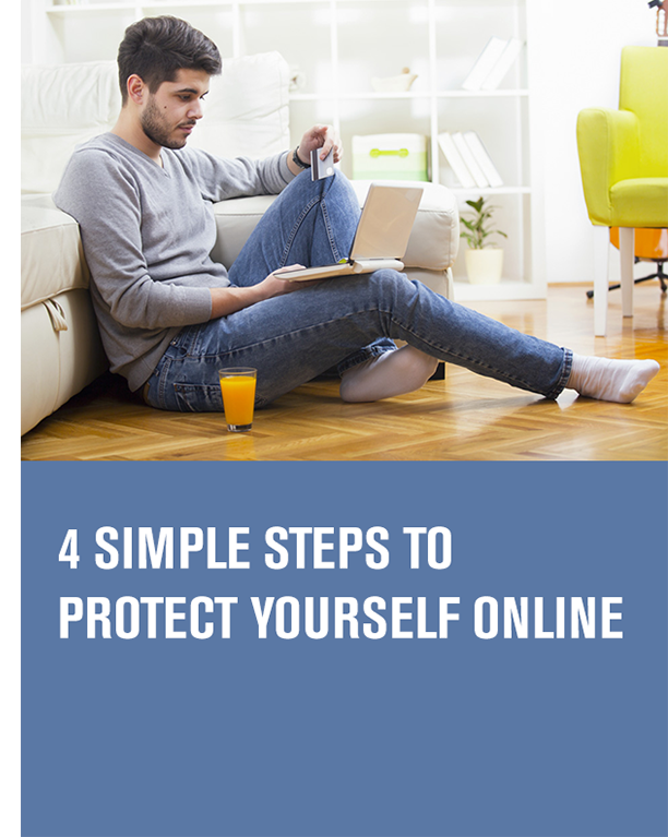 man sitting on the floor with a laptop on his lap and holding a credit card with the article title text 4 simple steps to protect yourself online