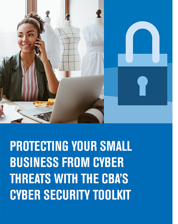 woman behind a laptop on the phone with dressmaker stands behind her and the article title text protecting your small business from cyber threats with the CBA's cyber security toolkit