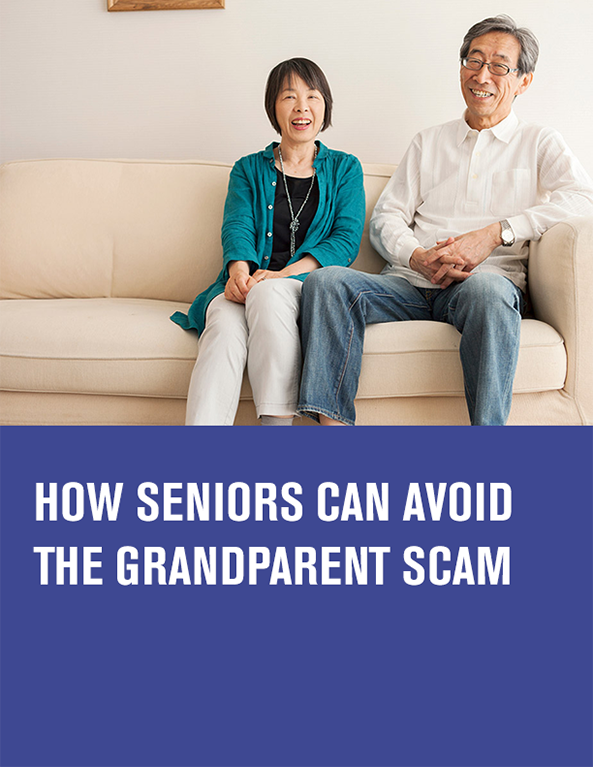 senior couple sitting on a couch with the article title text how seniors can avoid the grandparent scam