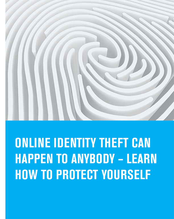 a white maze that looks like a fingerprint with the article title text online identity theft can happen to anybody - learn how to protect yourself