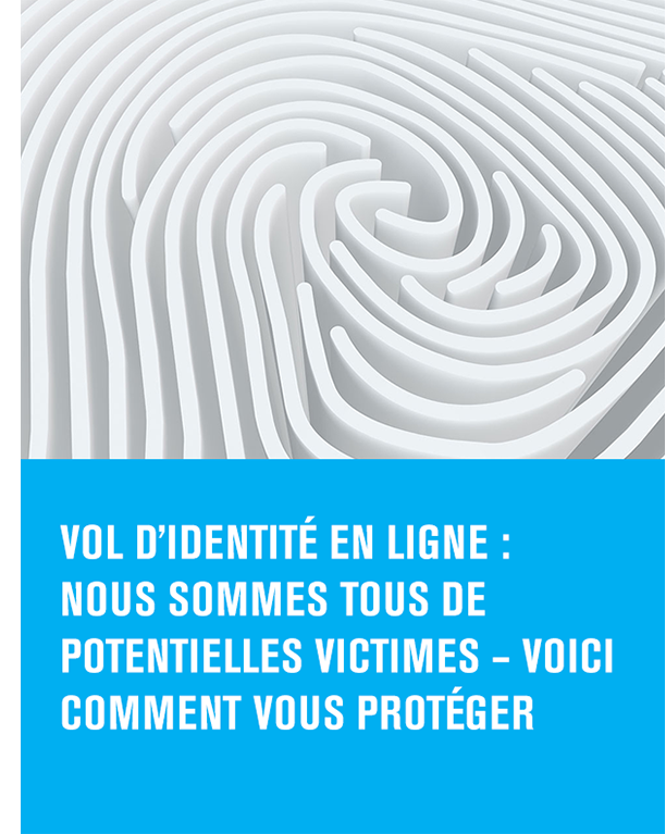 Un labyrinthe blanc qui ressemble à une empreinte digitale. Titre de l’article – Vol d’identité en ligne : nous sommes tous de potentielles victimes – voici comment vous protéger. 