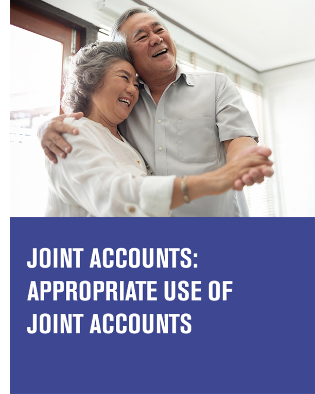 senior couple dancing with the article title text joint accounts: appropriate use of joint accounts