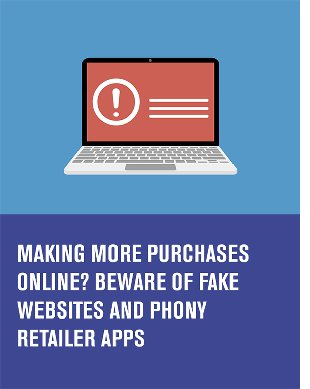 laptop screen with a caution sign on it and the article title text making more purchases online? Beware of fake websites and phony retailer apps