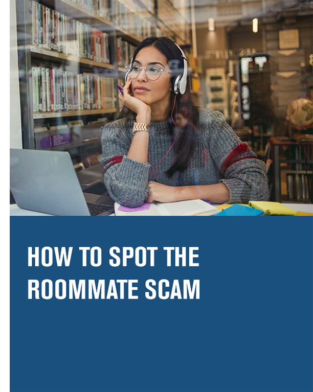 woman sitting behind a laptop in a cafe wearing headphones with the article title text how to spot the roommate scam