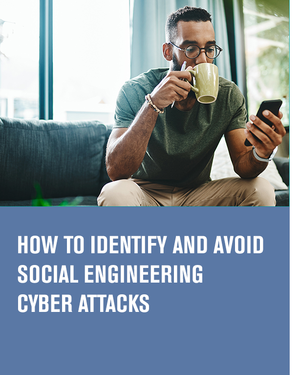 man looking at cell phone while drinking from a coffee cup with the article title text three ways to spot the social engineering tactics used by cyber criminals