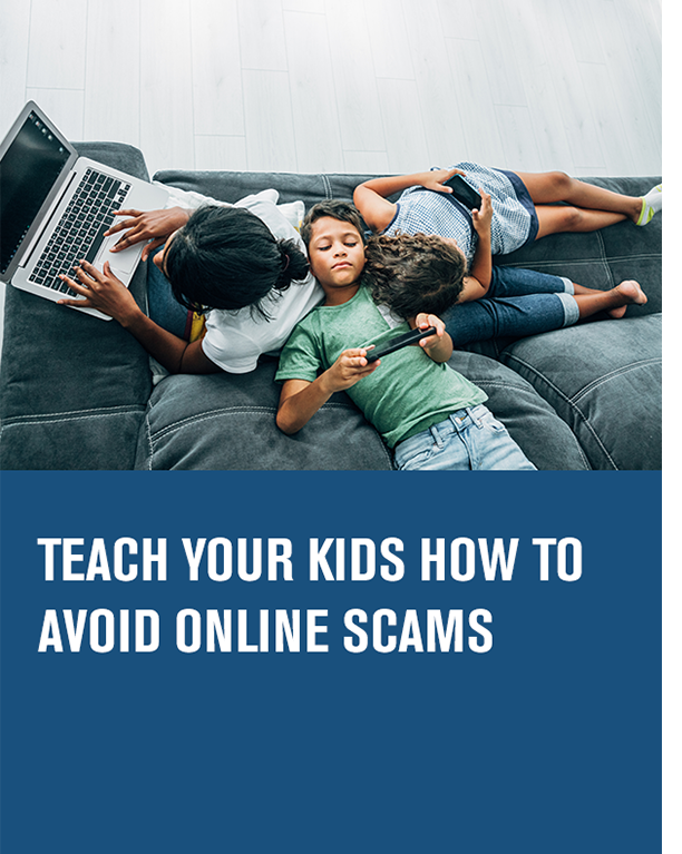 three kids laying on a couch, each one holding a device with the article title text teach your kids how to avoid online scams
