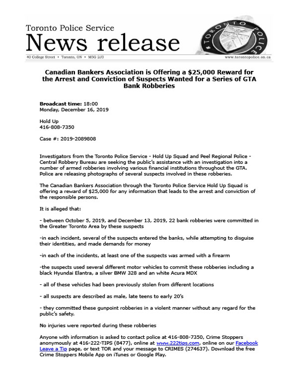 image of the news release from the Toronto Police Service