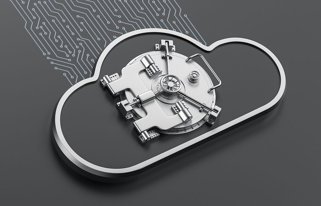 lock from a bank safe on a grey cloud with a digital footprint trailing behind