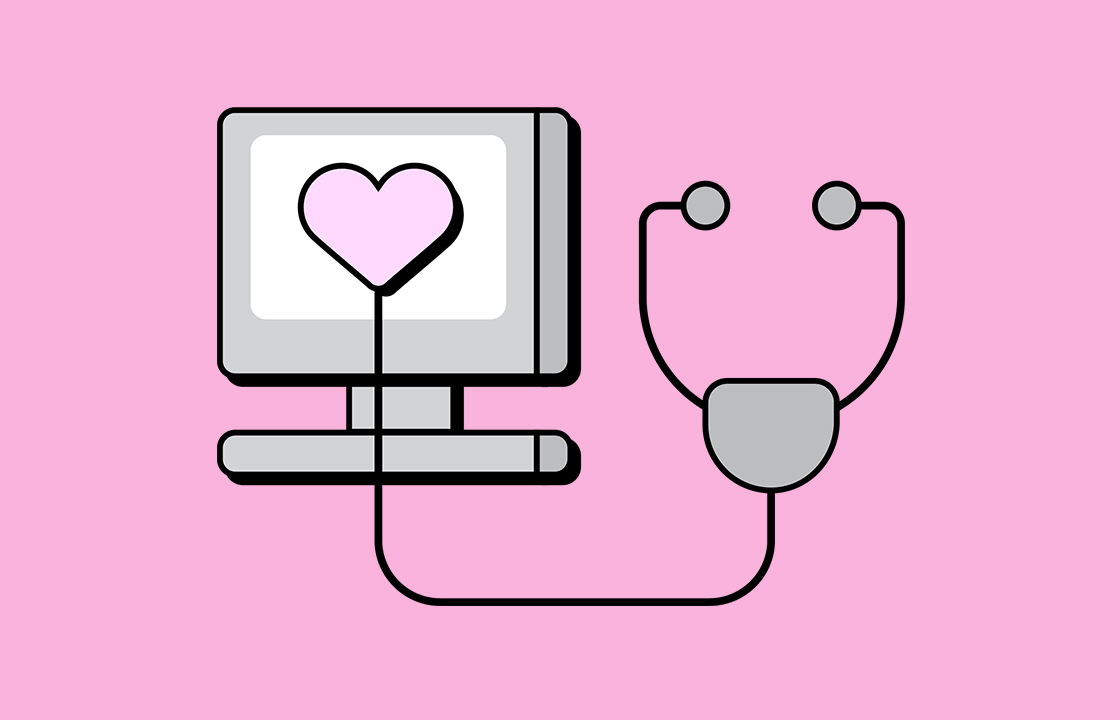 computer with a heart on the screen and a stethoscope 