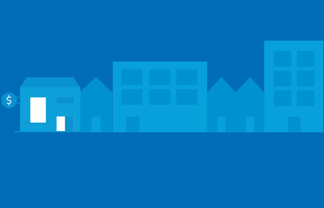 graphic of buildings and houses on a blue background