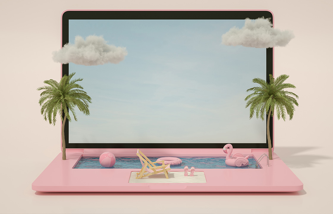 pink laptop with palm trees