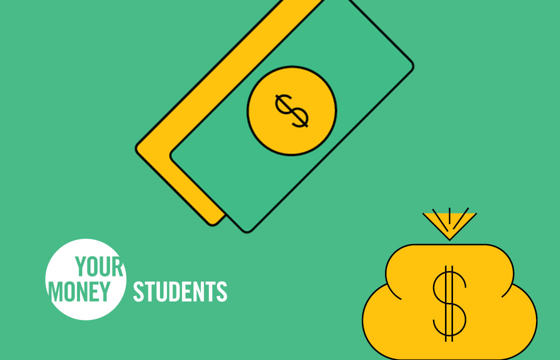 green background with your money students logo a bag with a dollar sign and fake money