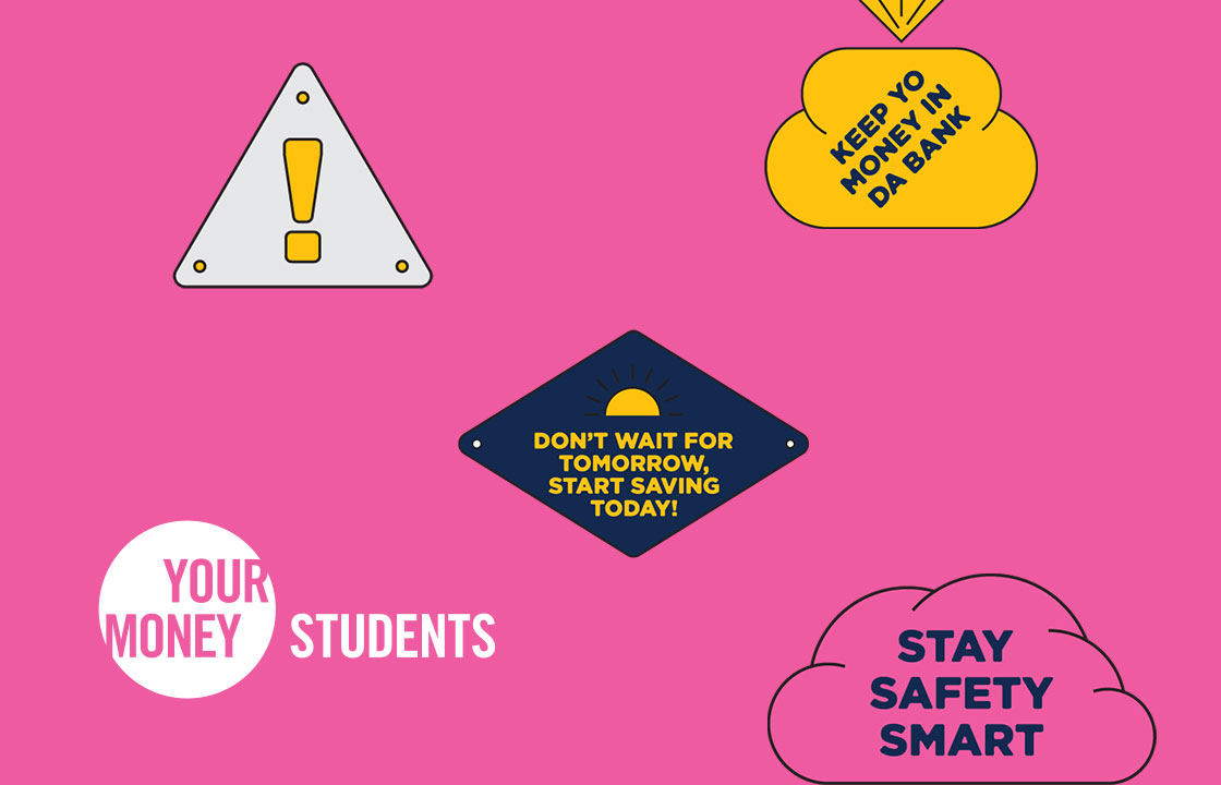 pink background with white your money students logo and colourful stickers