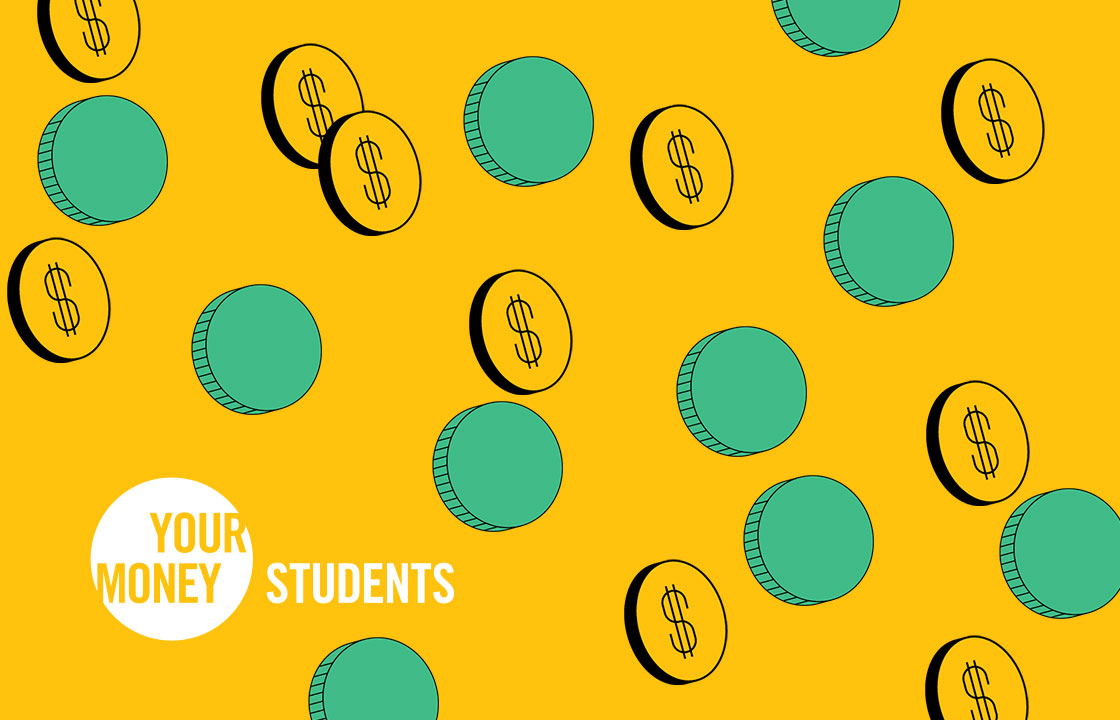 yellow background with your money students logo and coins
