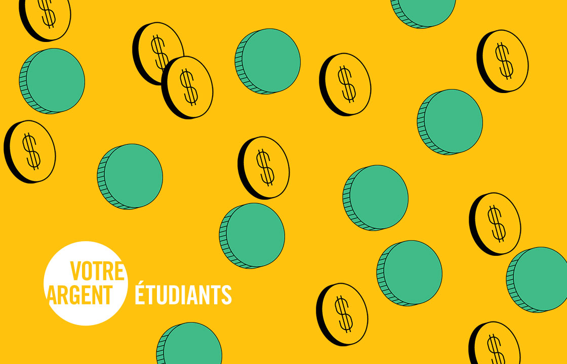 yellow background with white votre argent etudiants logo with bright coins