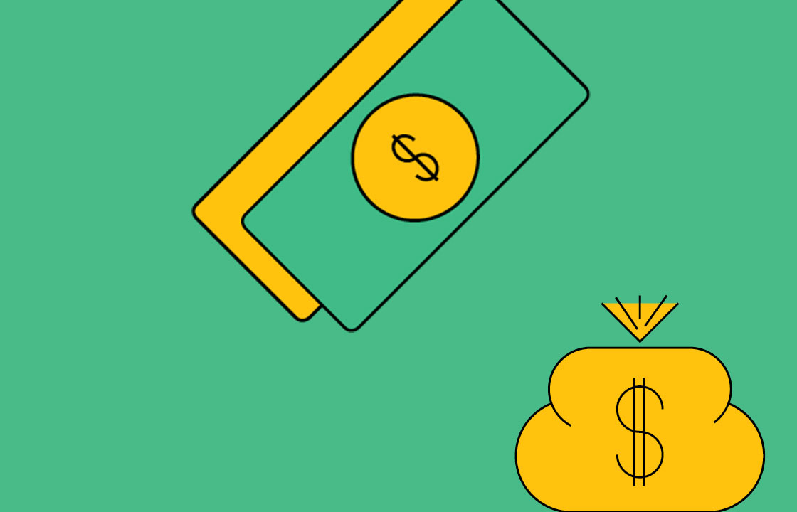 green background with your money students logo a bag with a dollar sign and fake money