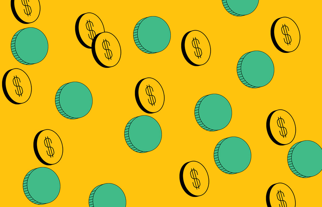 yellow background with white votre argent etudiants logo with bright coins