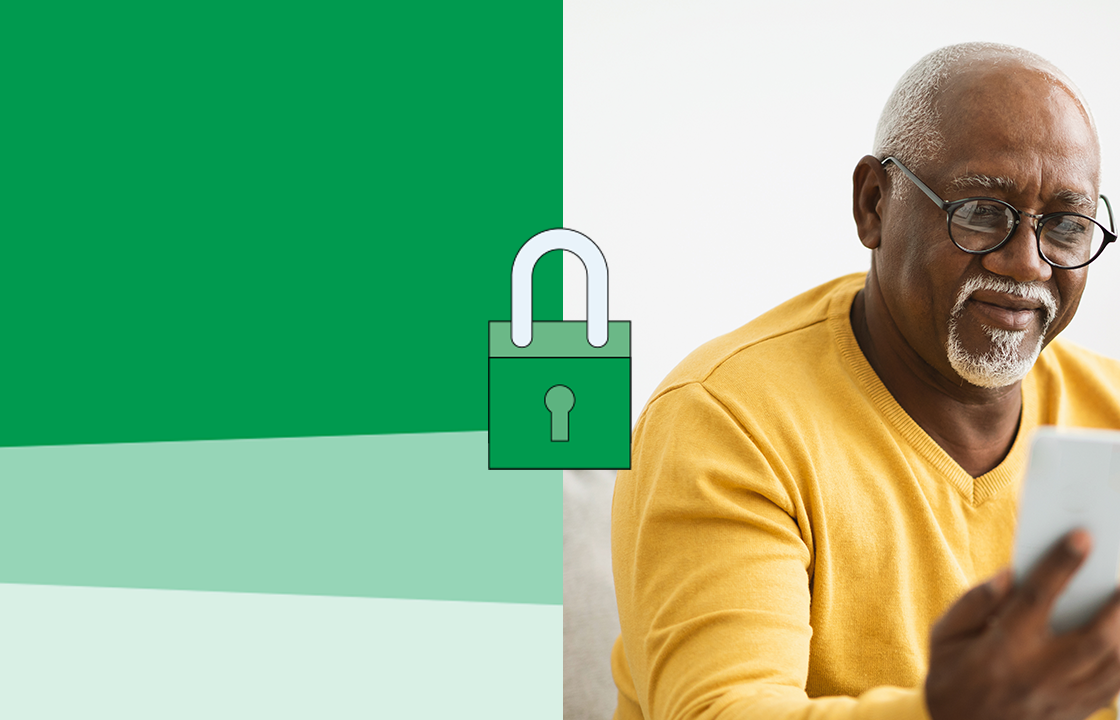 older man looking at his phone with a graphic of a padlock beside