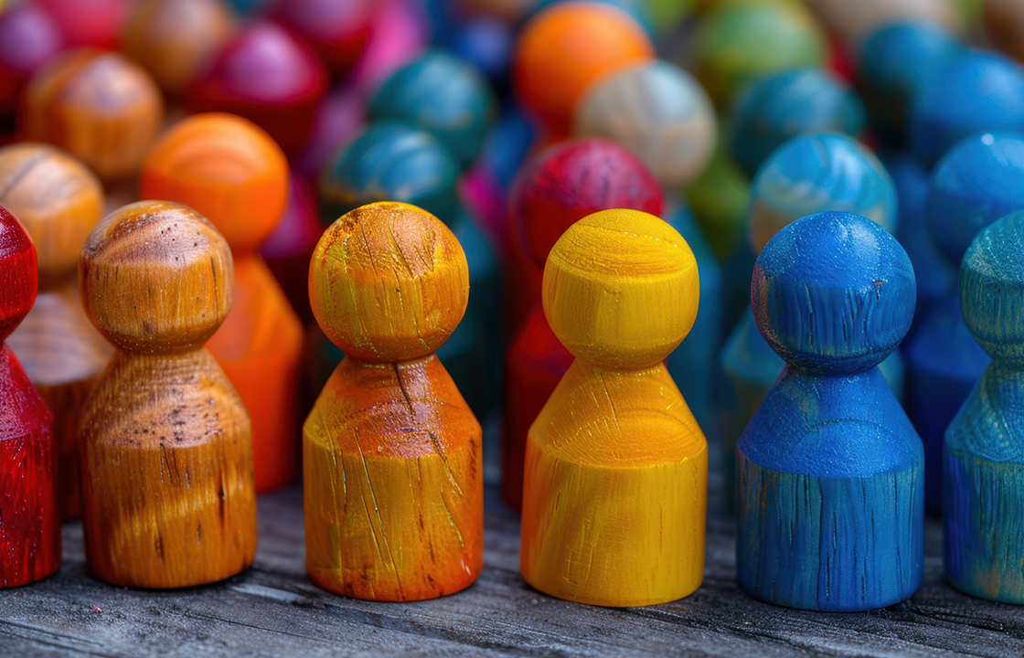 wooden pegs of different colours huddled together